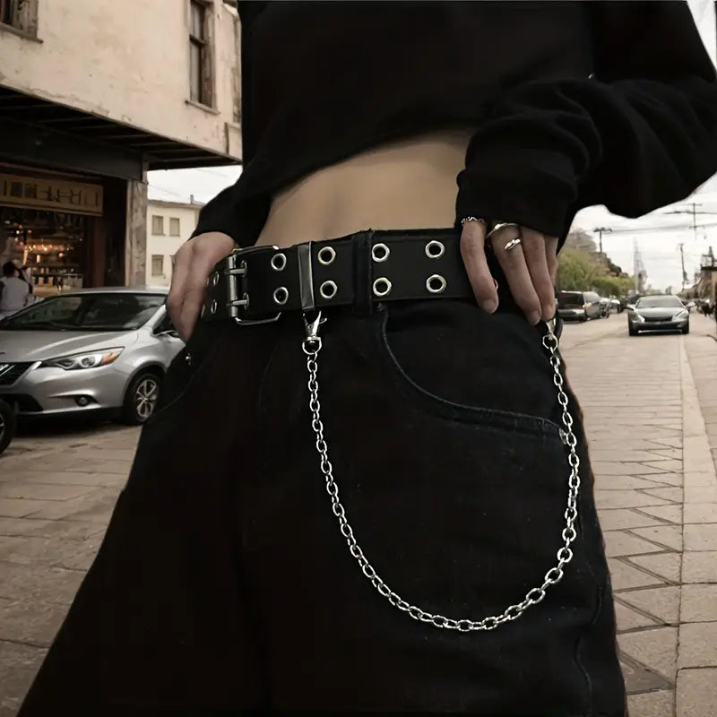 Black Grommet Belt With Chain