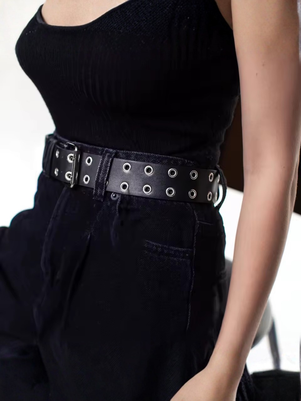 Black Grommet Belt With Chain