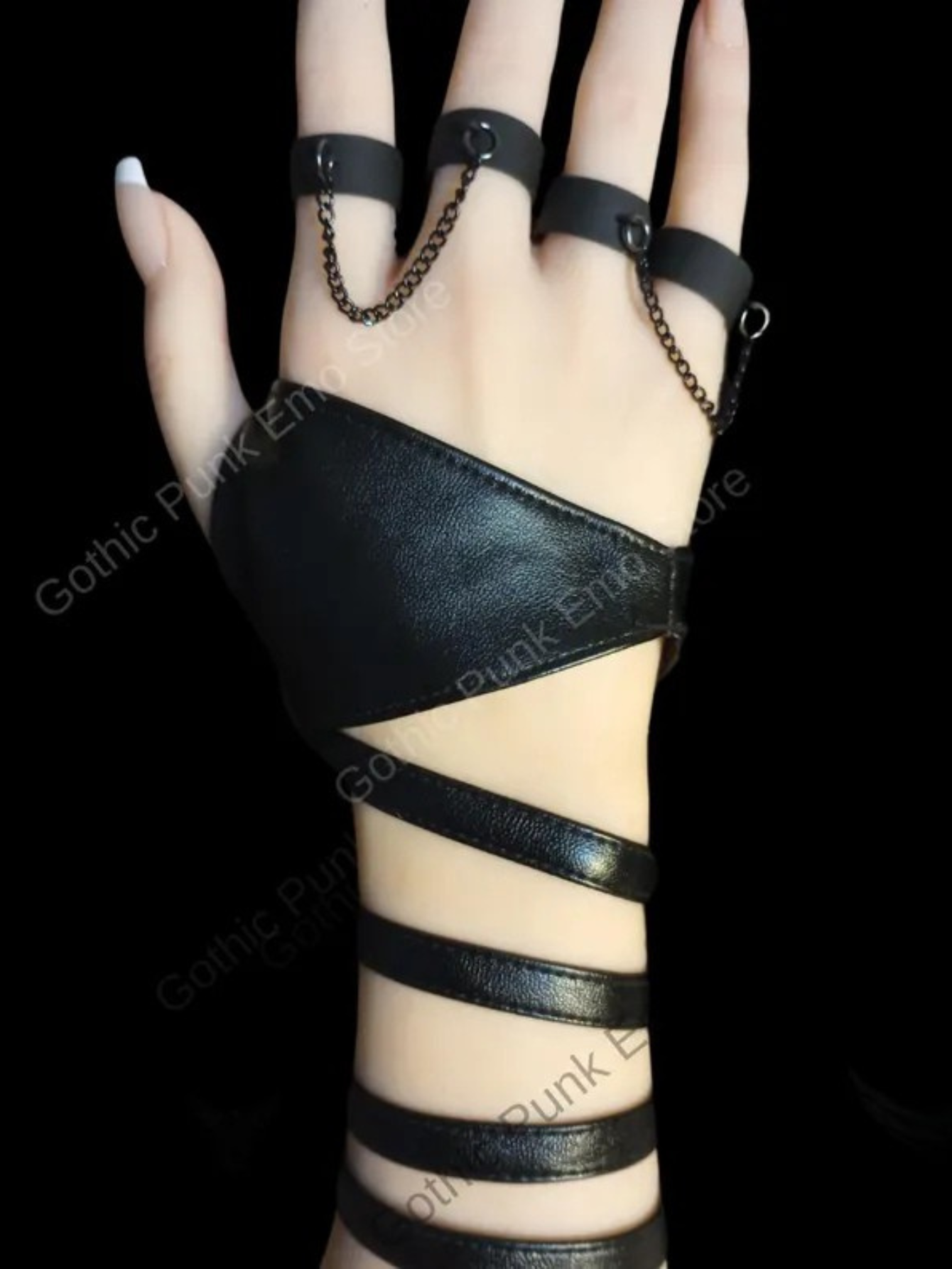 Punk Vegan Leather Bracelet with Chain Rings