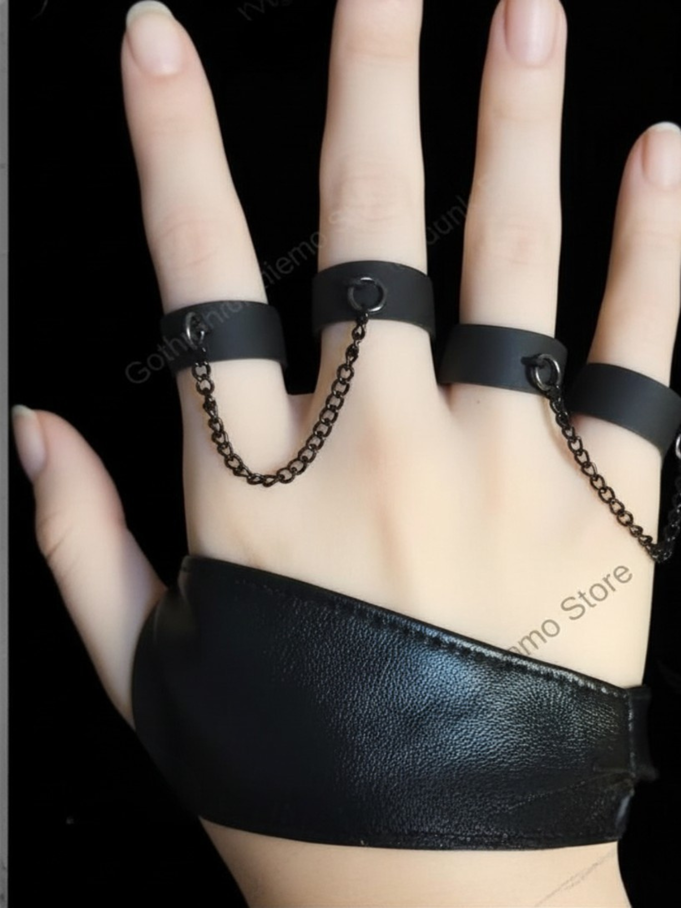 Punk Vegan Leather Bracelet with Chain Rings