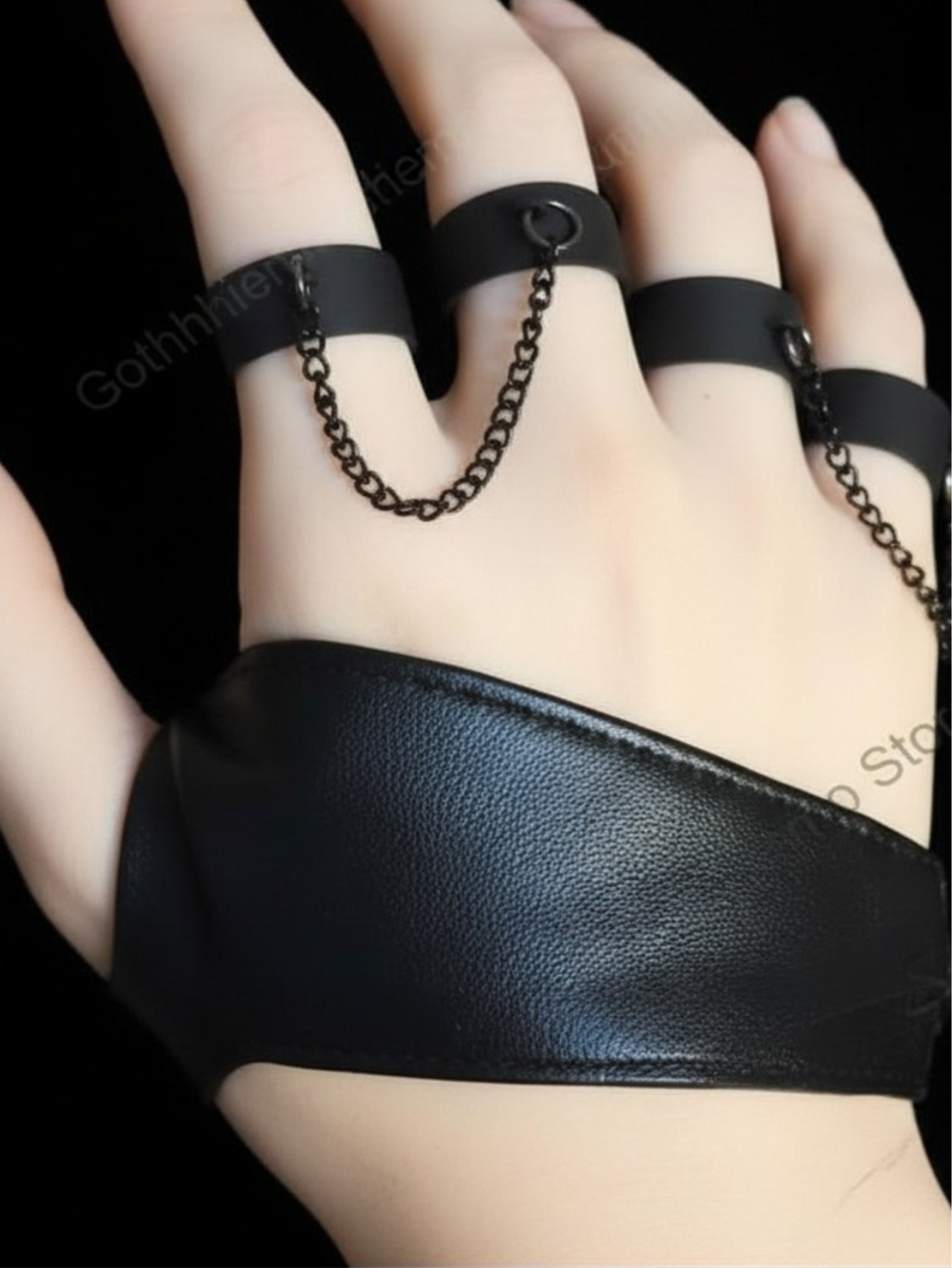 Punk Vegan Leather Bracelet with Chain Rings