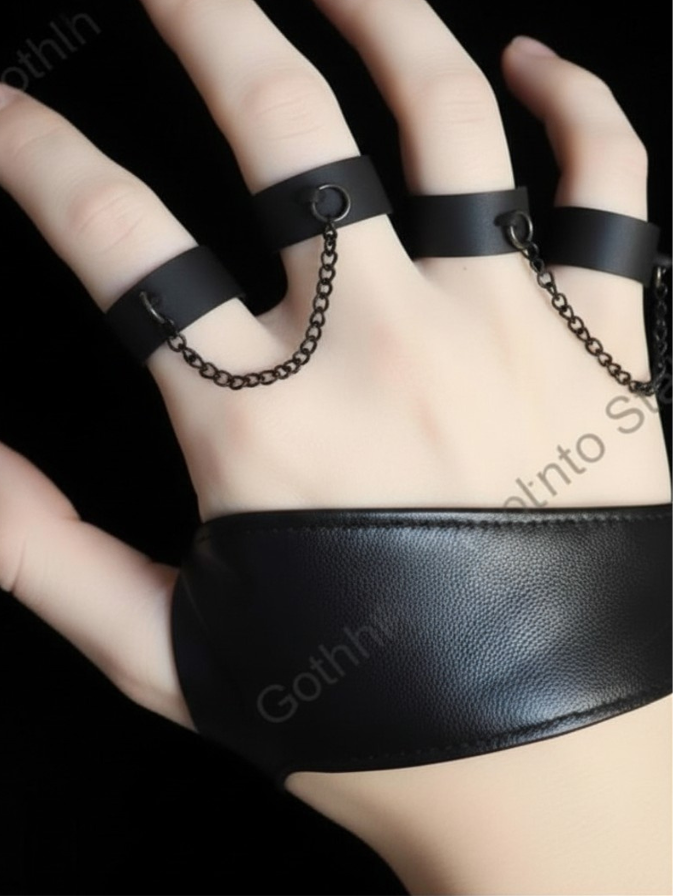 Punk Vegan Leather Bracelet with Chain Rings