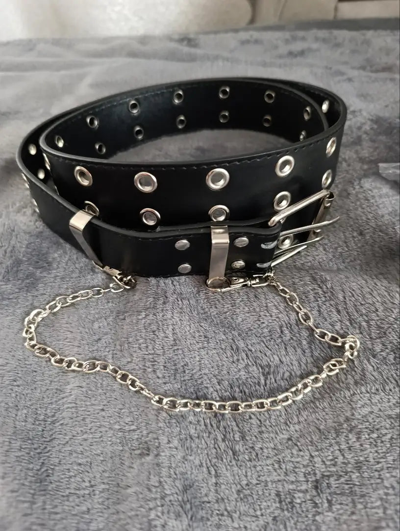 Black Grommet Belt With Chain