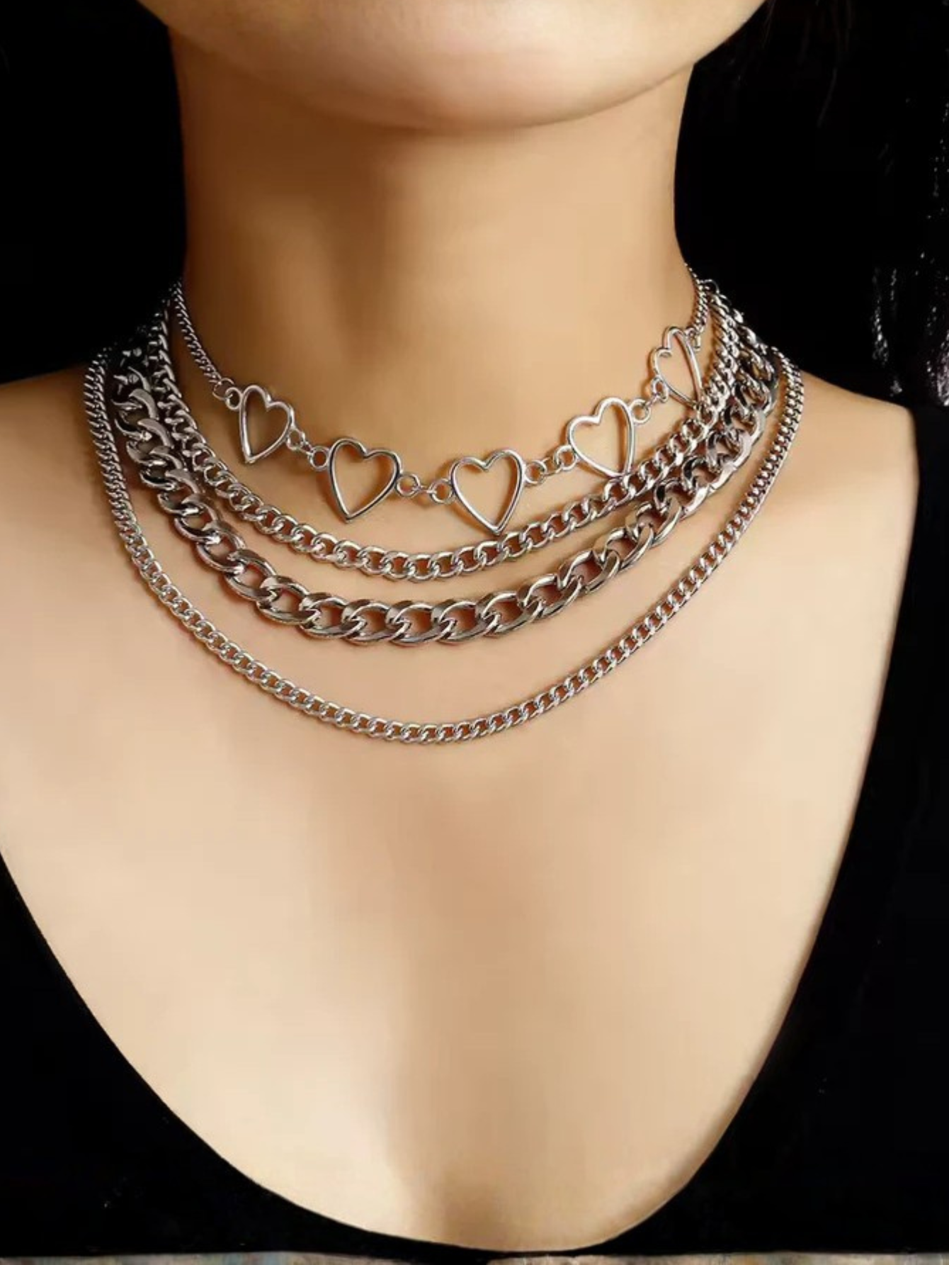 O ring Heart Layered Chain Necklace