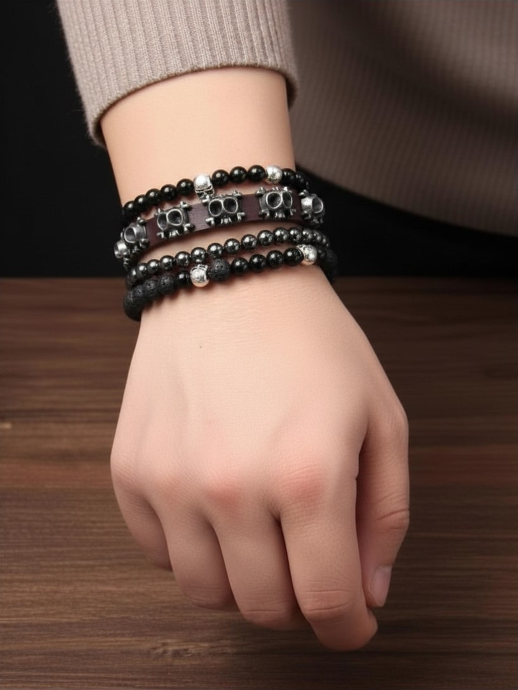 Gothic Skull Bead Bracelet Set