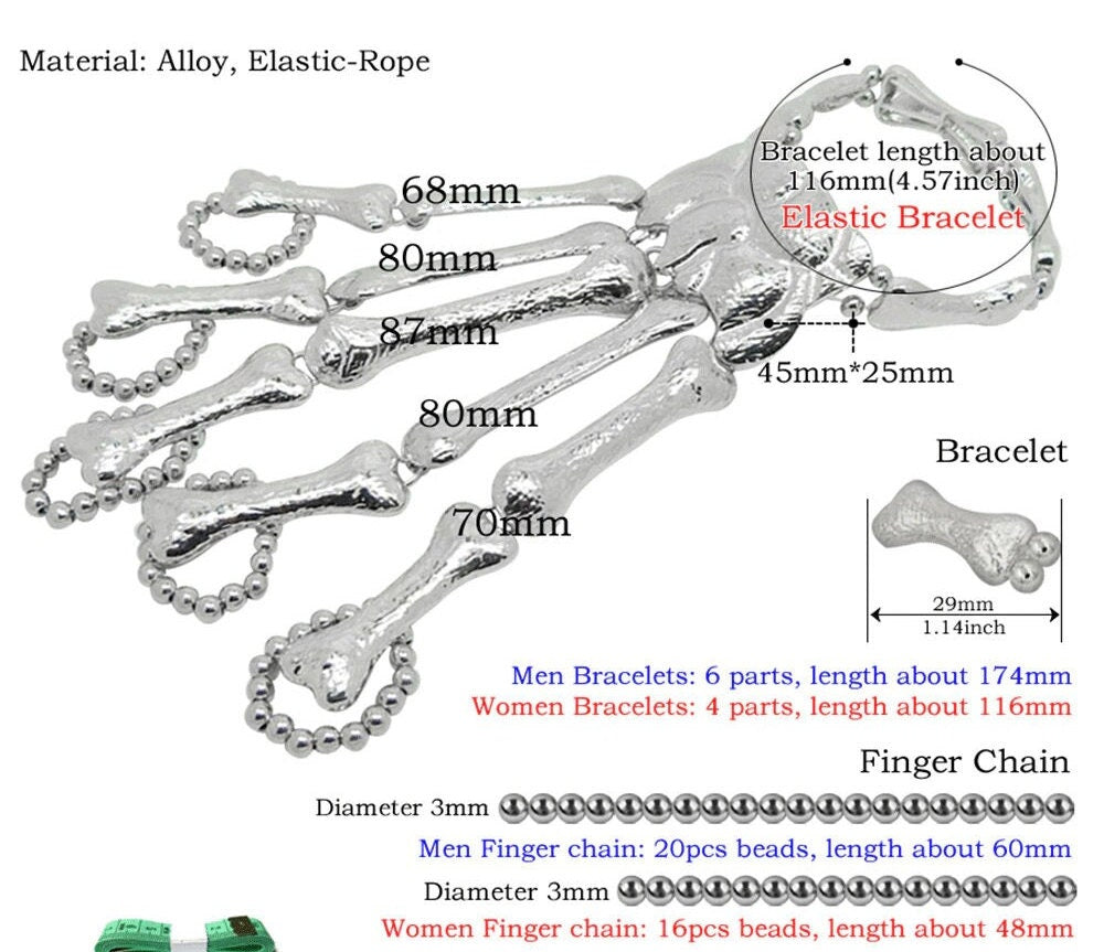 Skeleton Emo Silver Glove Rings Bracelet