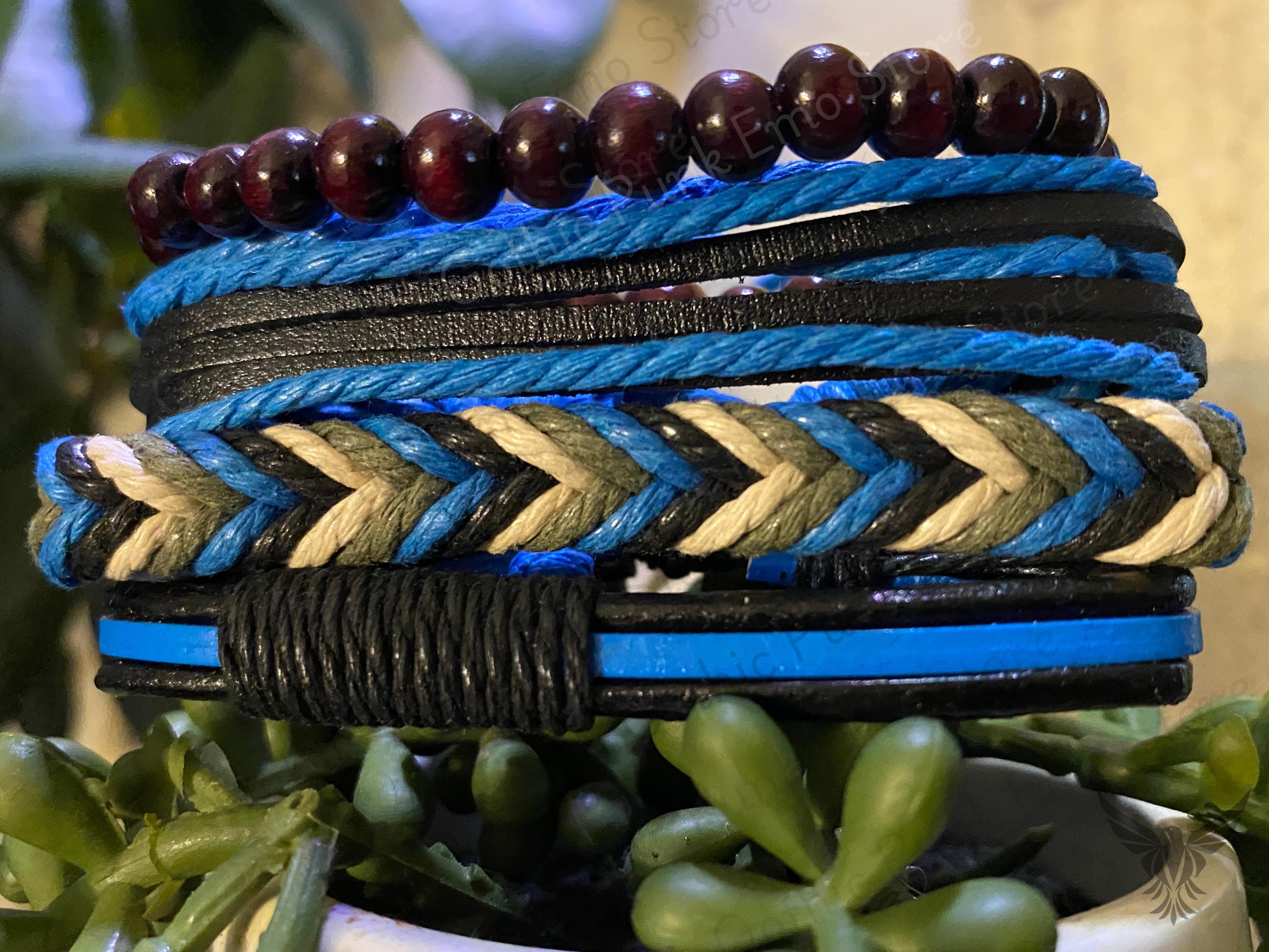 Blue Leather Bracelet Set