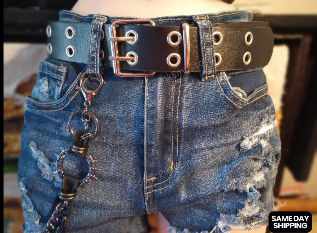Black Grommet Belt With Chain