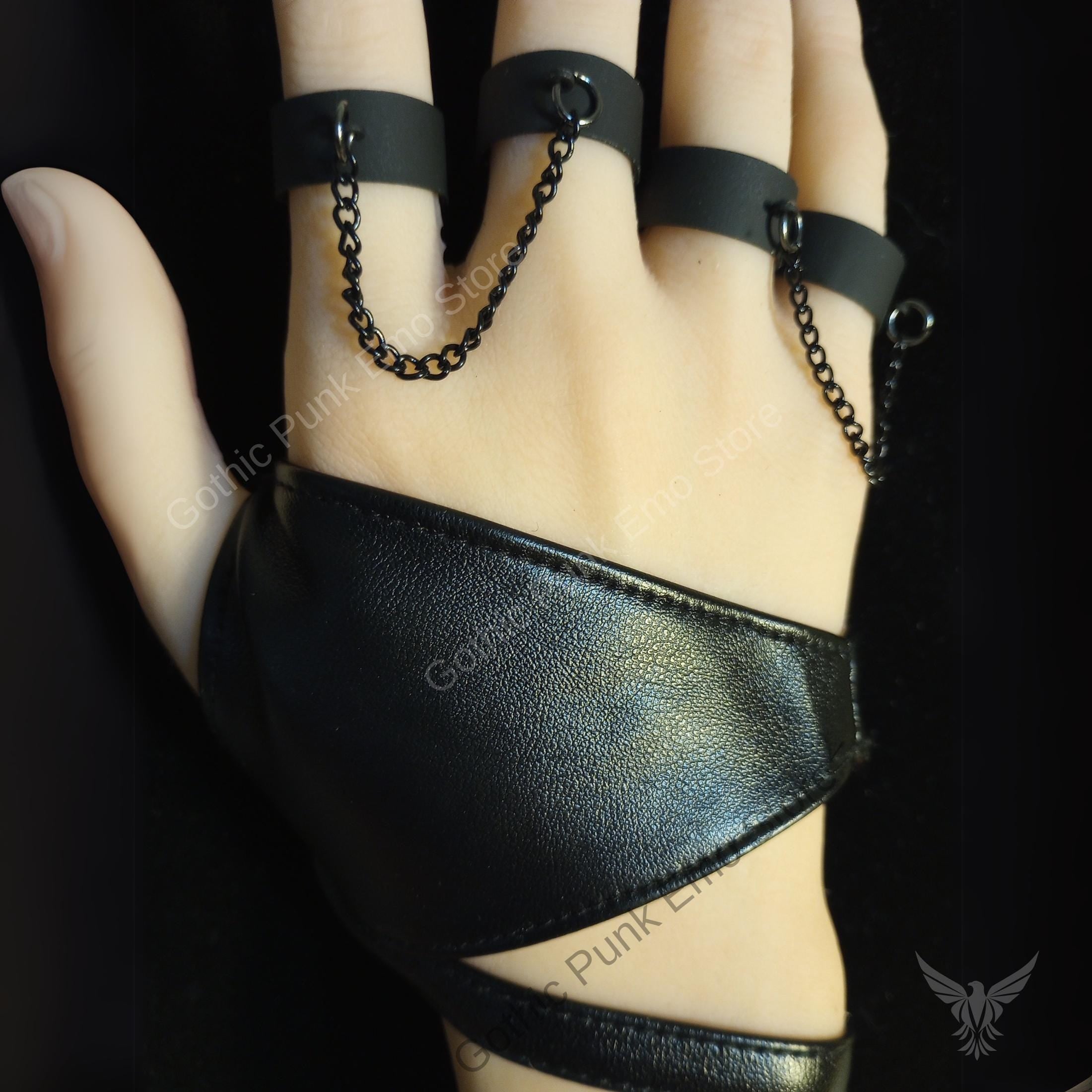 Punk Vegan Leather Bracelet with Chain Rings
