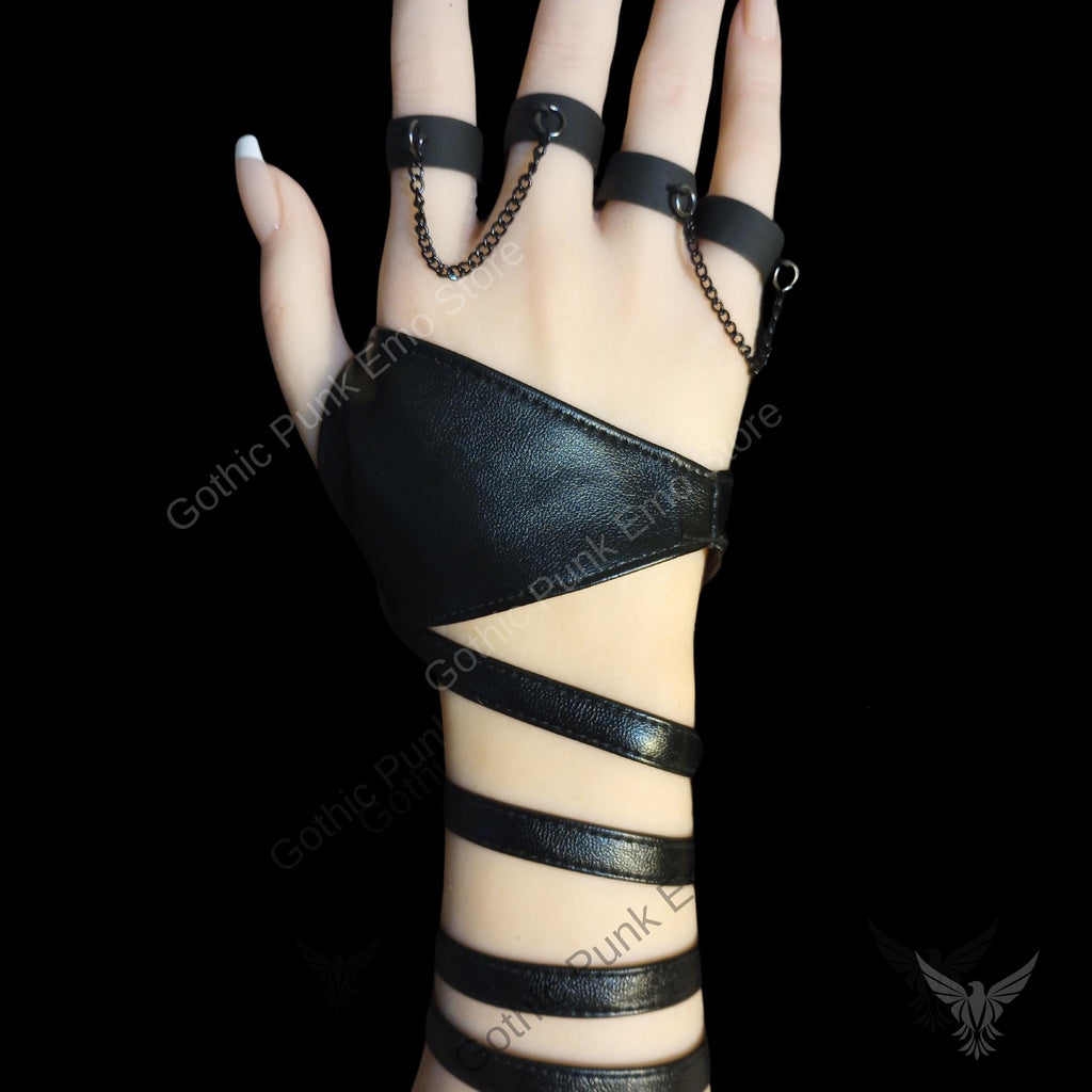 Punk Vegan Leather Bracelet with Chain Rings