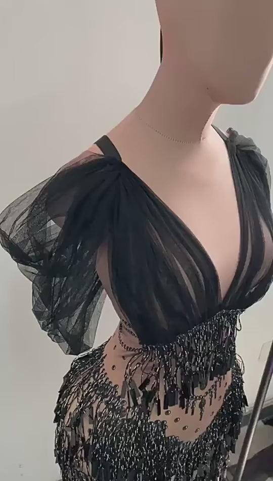 Black Fringe Sequince Drag Queen Lyrical Costume