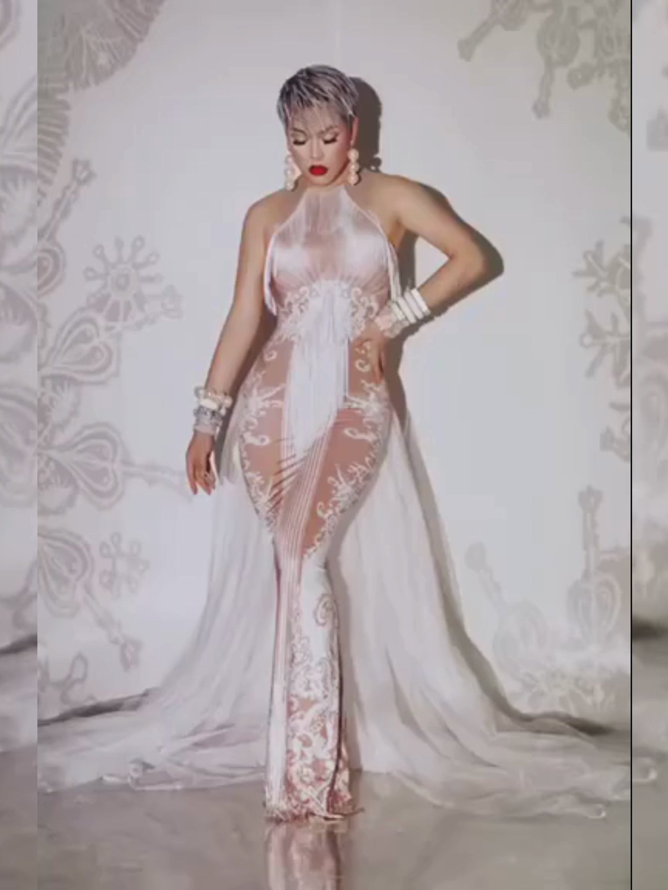 Sheer White Train Drag Queen Dress