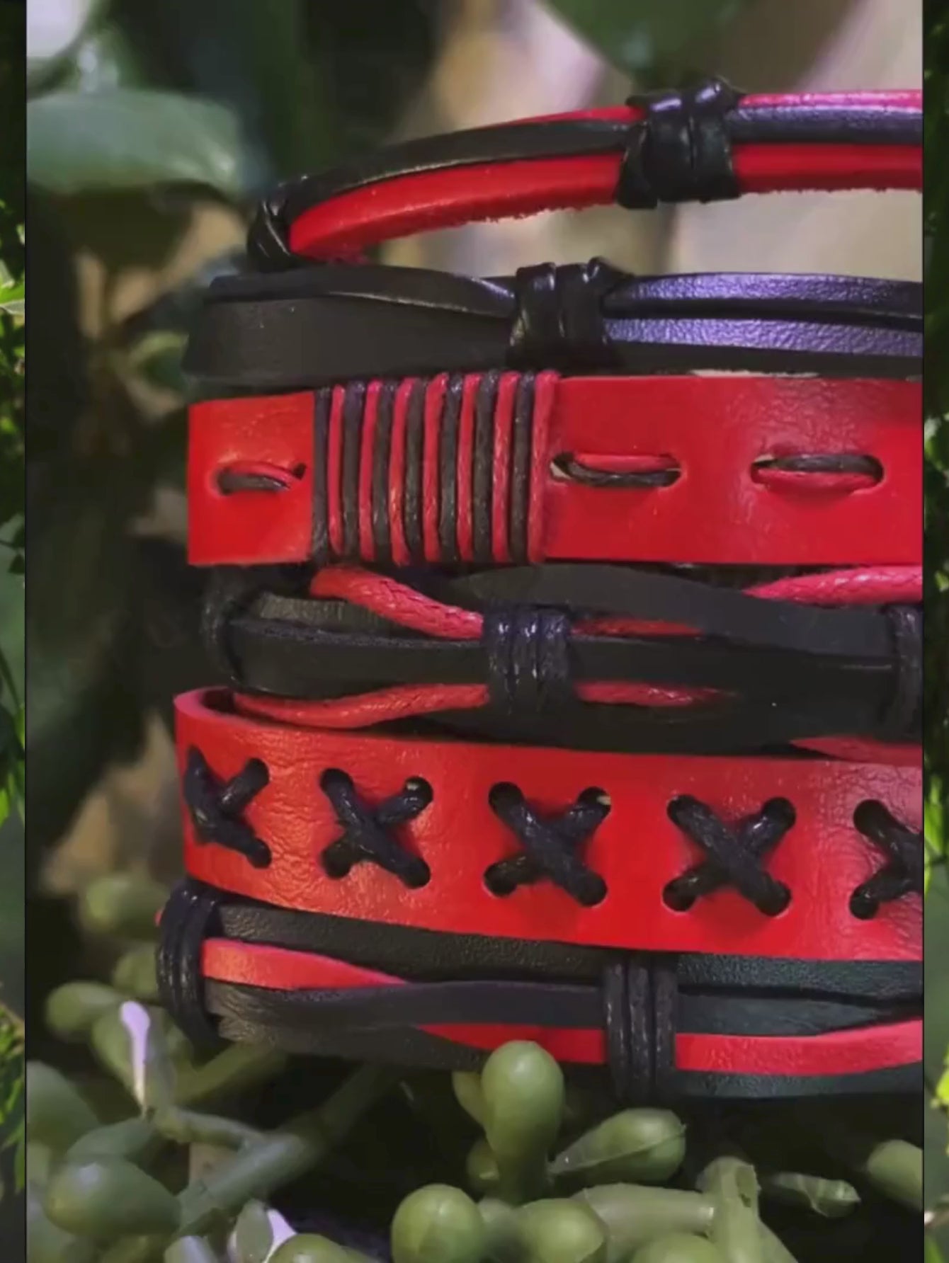 Red & Black Faux Leather Bracelet Set