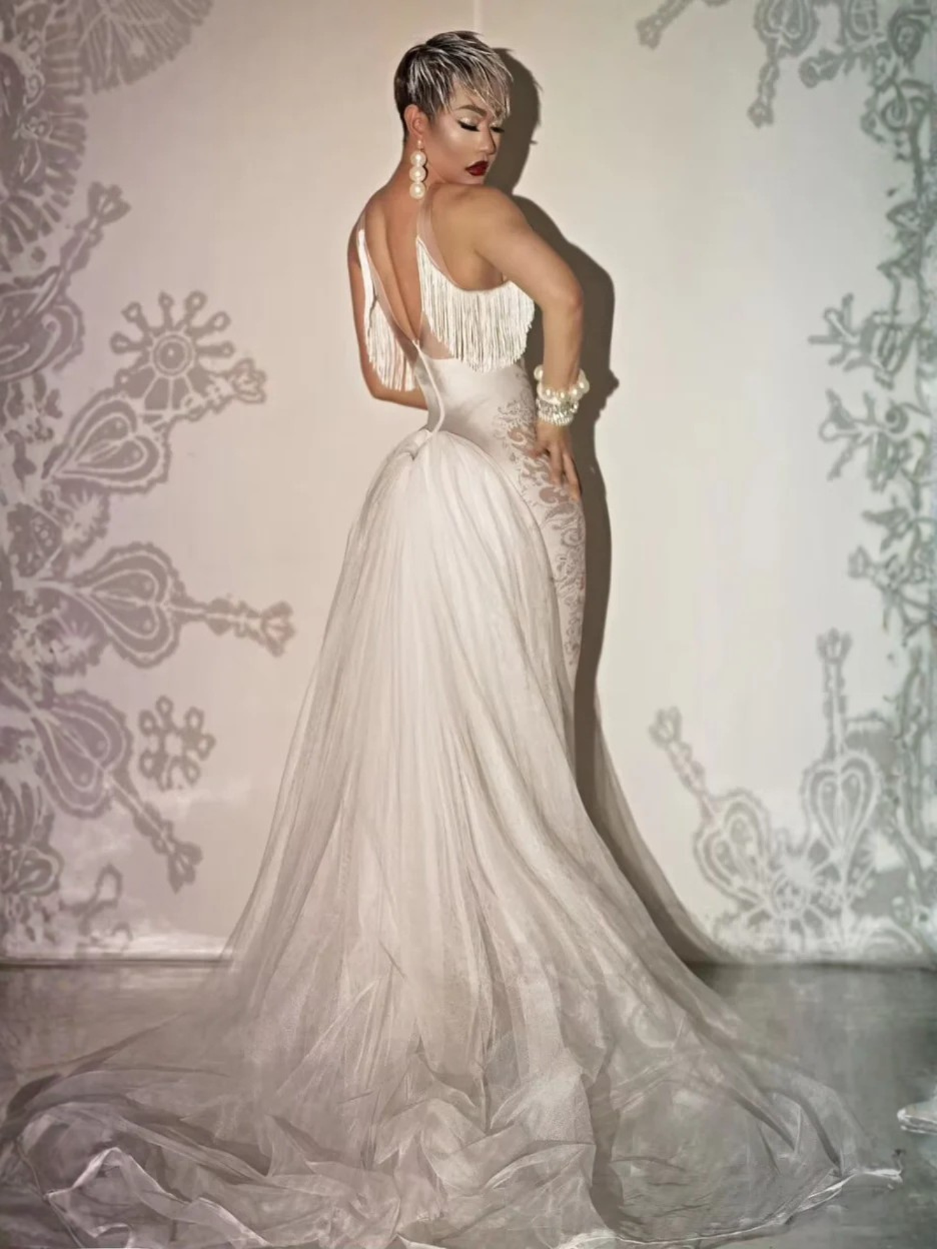 Sheer White Train Drag Queen Dress