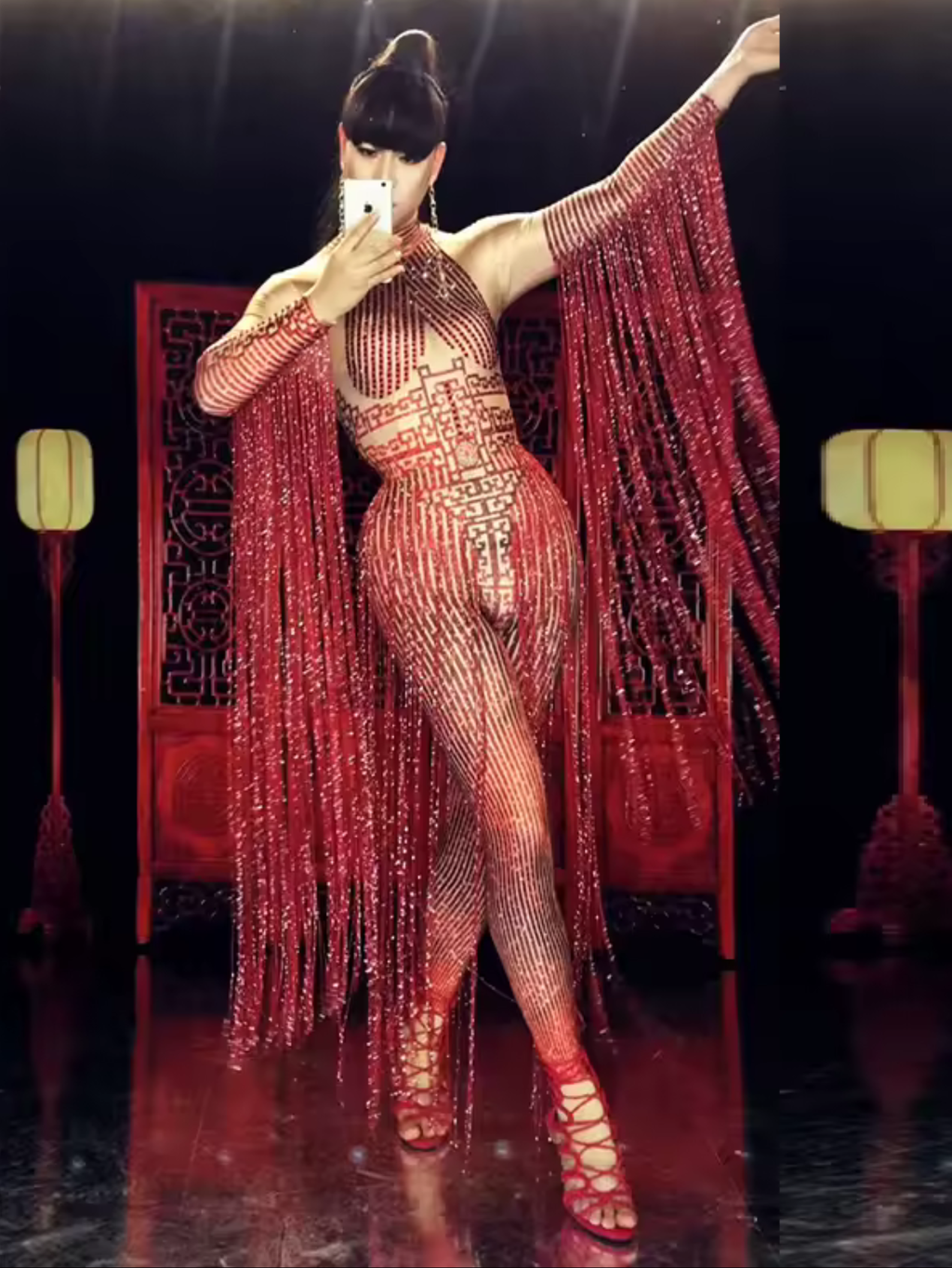 Red Fringe Sequince Drag Queen Lyrical Costume