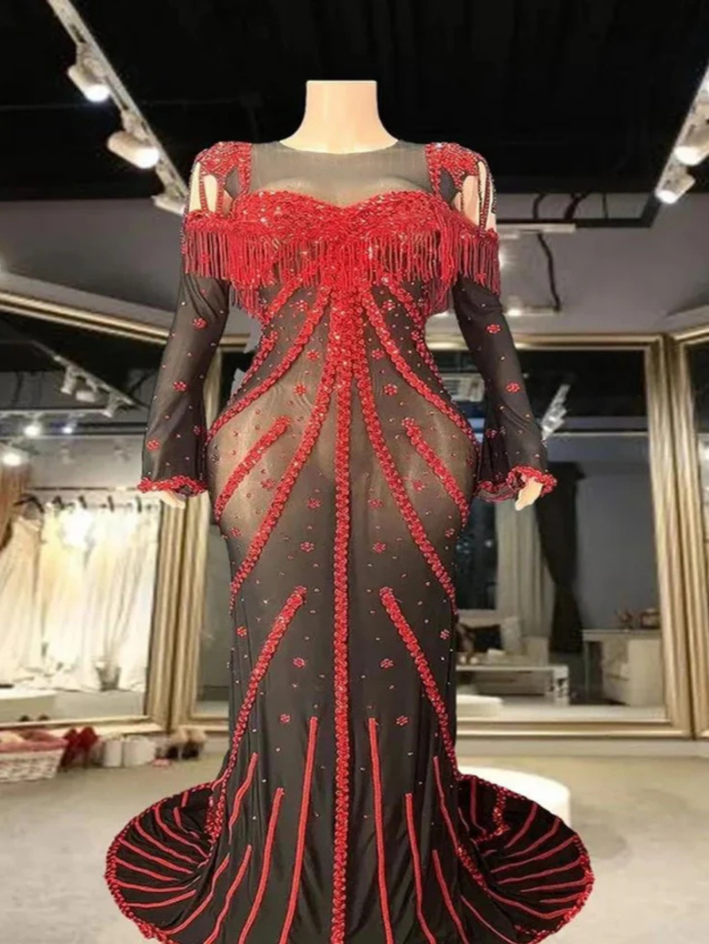 Red Sequin Sheer Dress