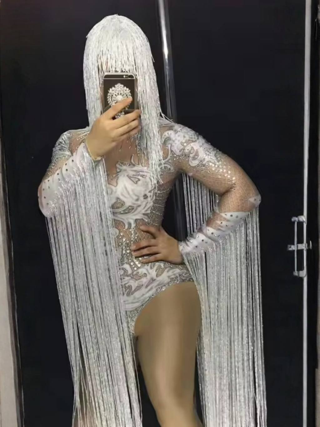 White Fringe Sequince Drag Queen Lyrical Costume