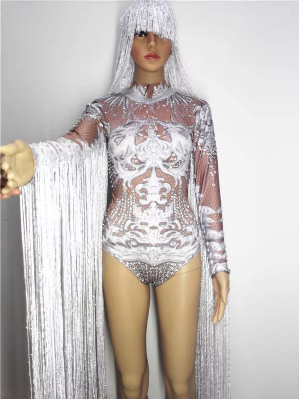 White Fringe Sequince Drag Queen Lyrical Costume