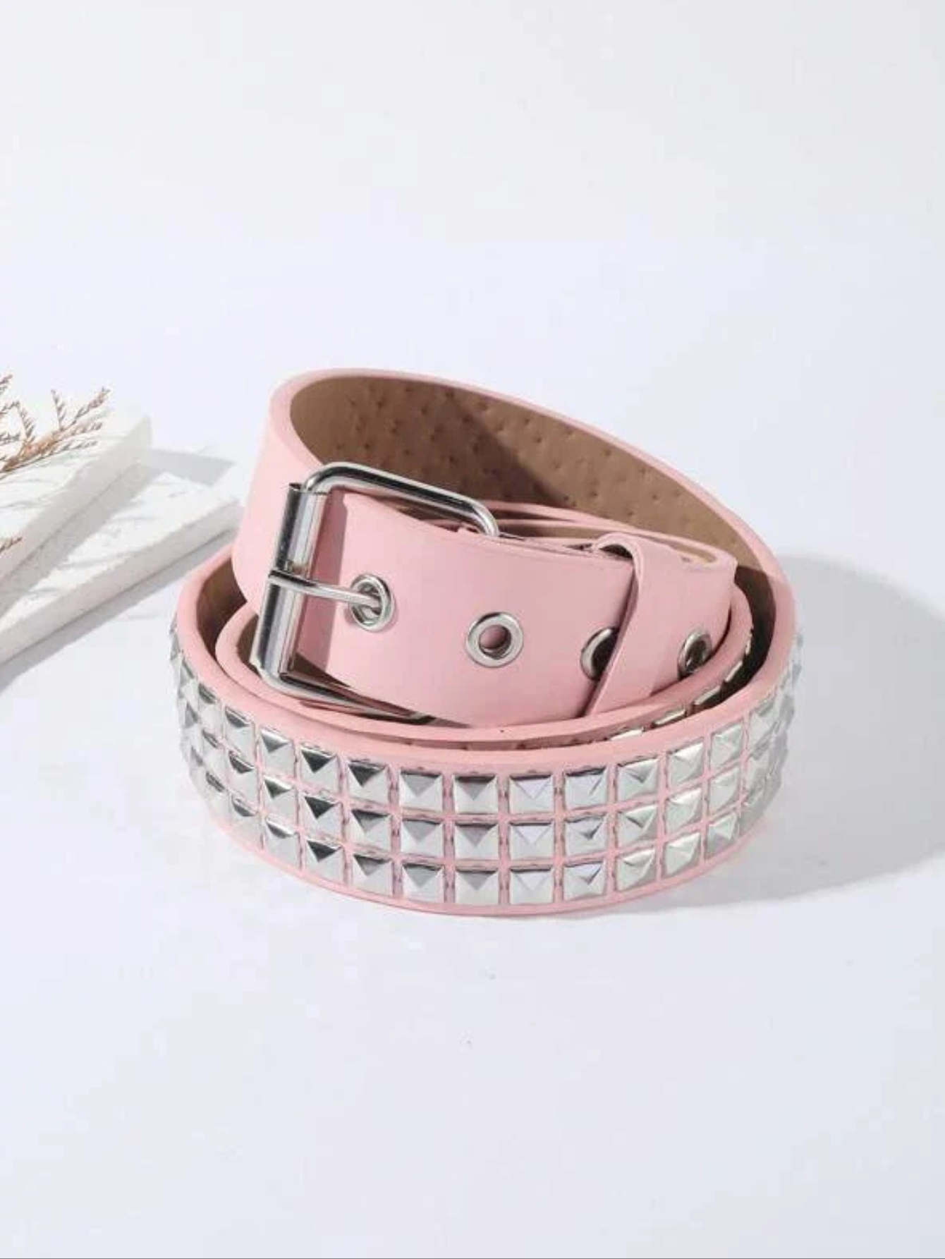 Pyramid Studded Belt White Pink