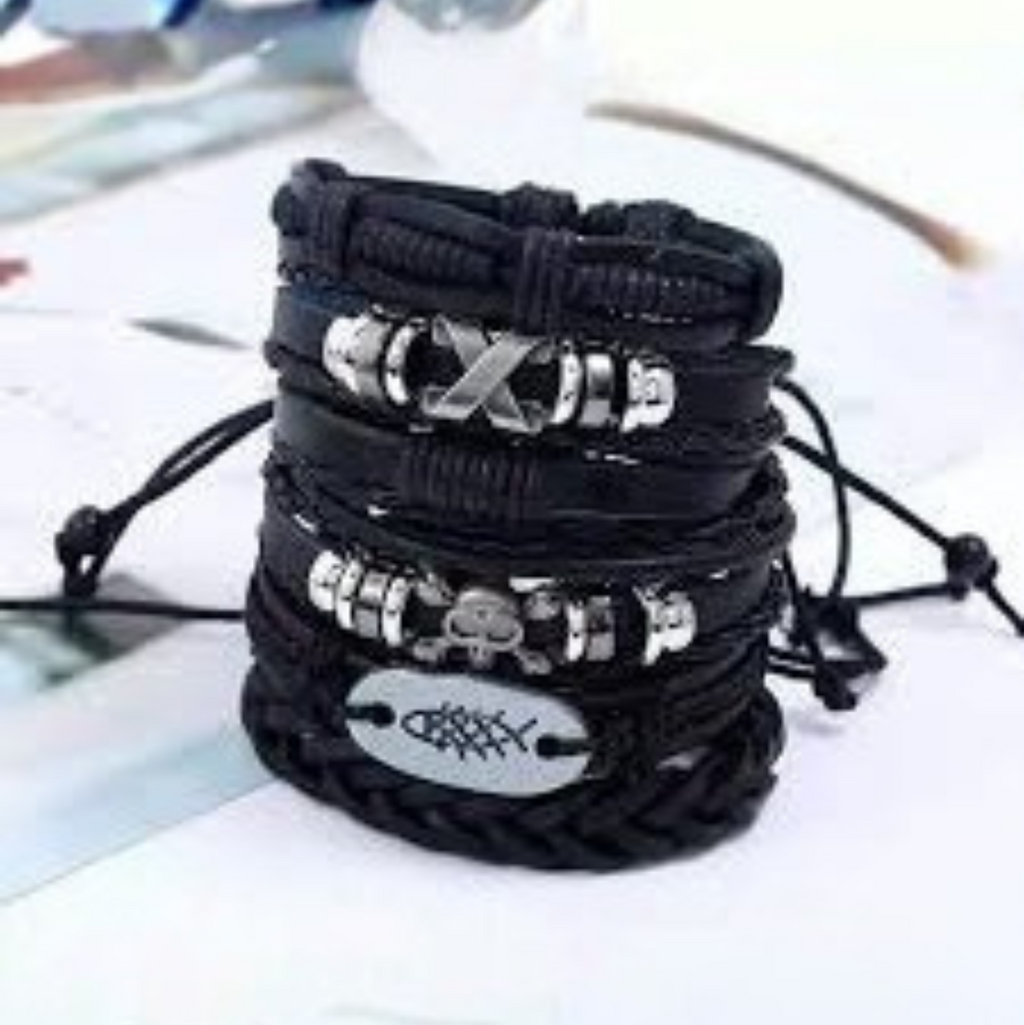 Gothic Punk Rock Leather Bracelet Set