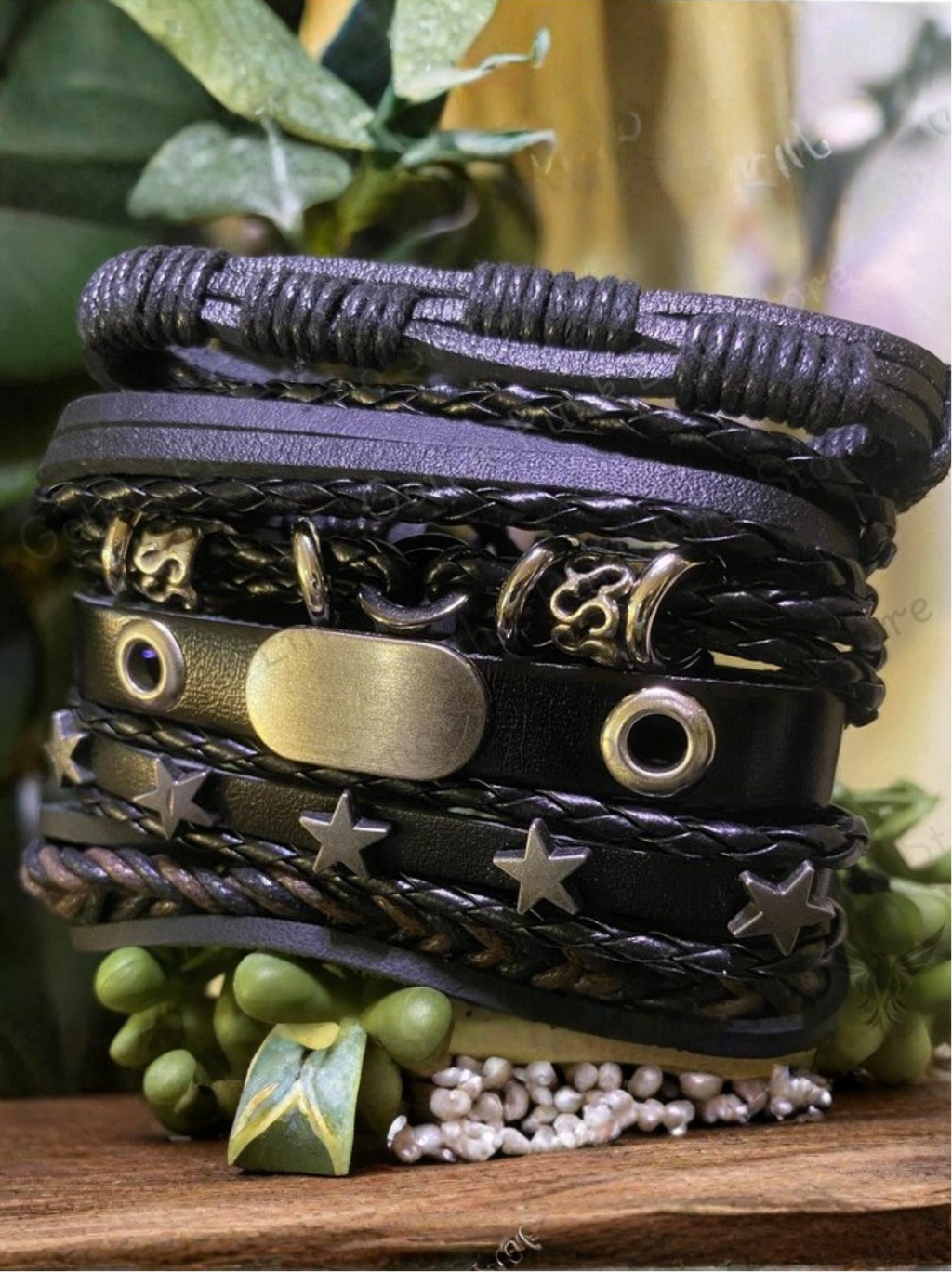 Y2K Punk Leather 5pc Bracelet Set