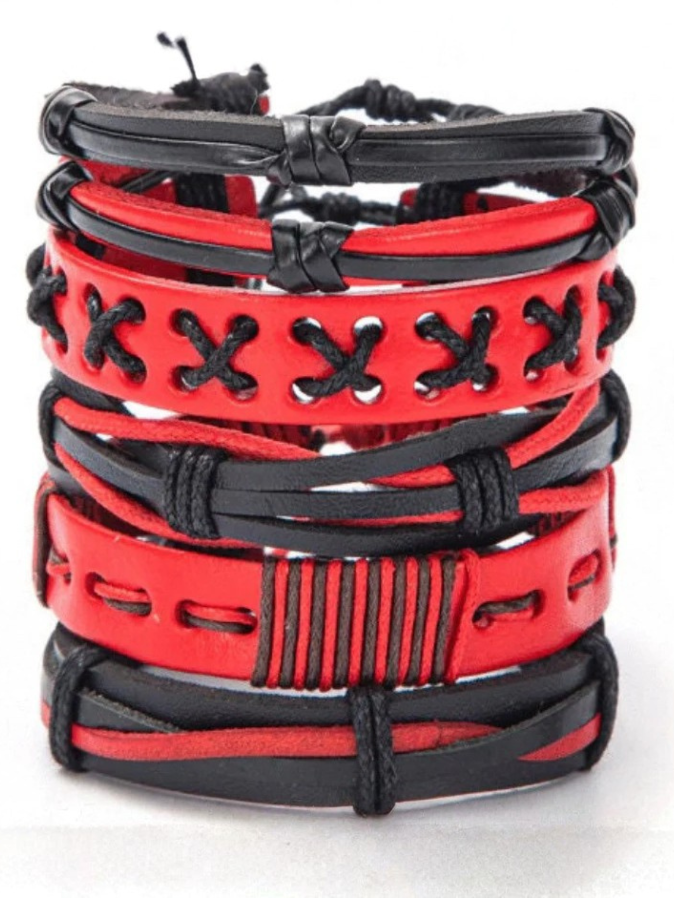 Red & Black Faux Leather Bracelet Set