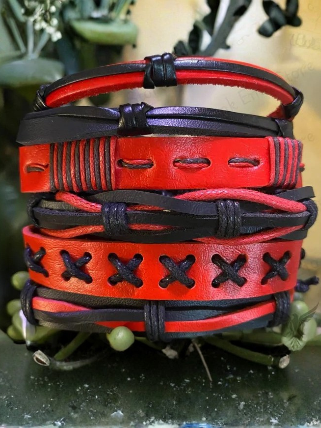 Red & Black Faux Leather Bracelet Set