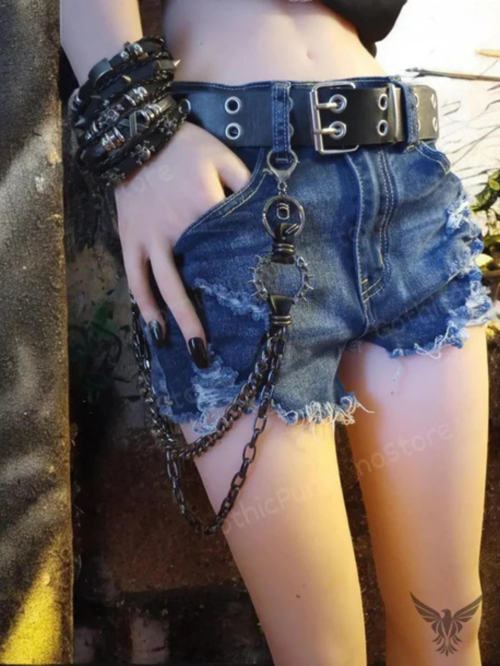 Black Grommet Belt With Chain