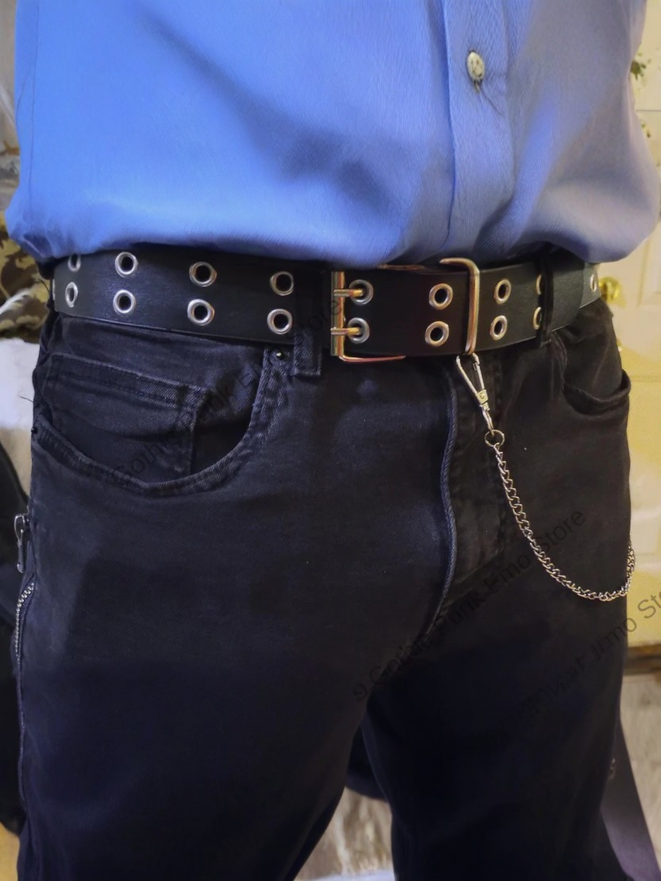 Black Grommet Belt With Chain